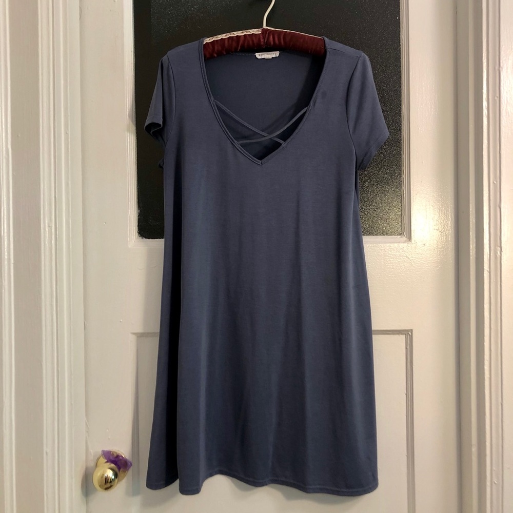 Blue T-shirt dress with criss-cross neckline